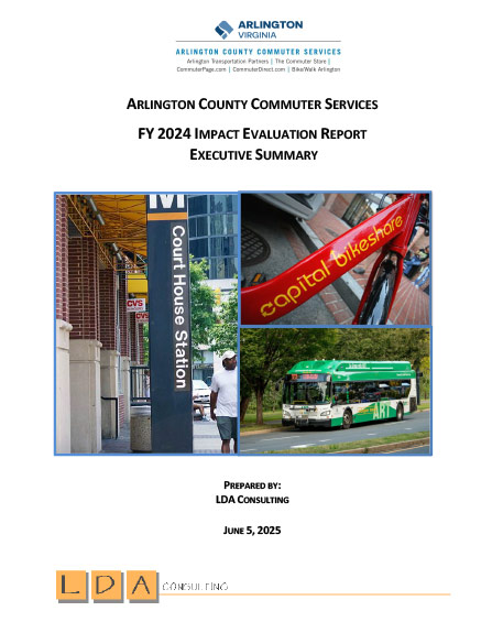 a graphic image for the cover of the impact evaluation report 2024 which shows a collage of the metro bus, capital bikeshare, and a pedestrian walking past the court house metro station